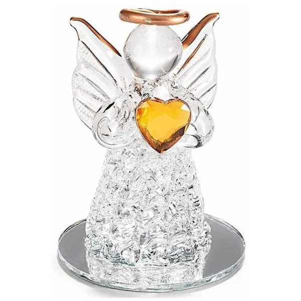 Decorative glass angel with orange heart on mirror base