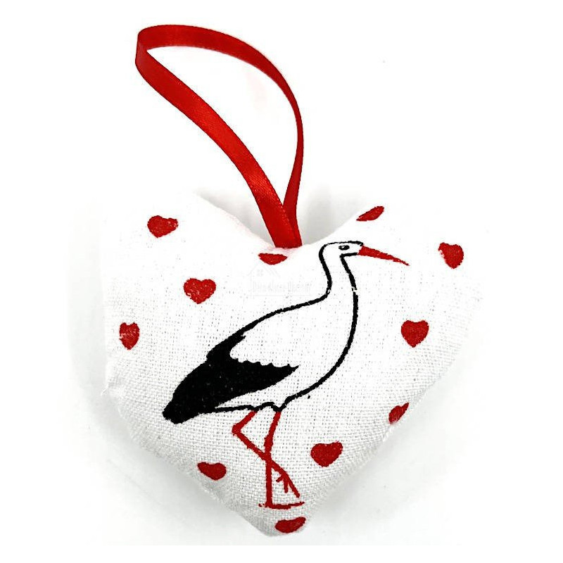 Hanging heart of Alsace in fabrics decorated with Stork and Hearts