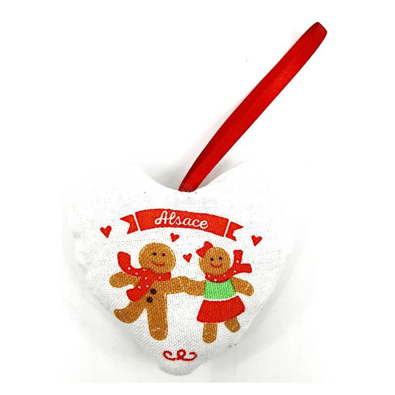 Hanging heart of Alsace in fabric decorated with Gingerbread men