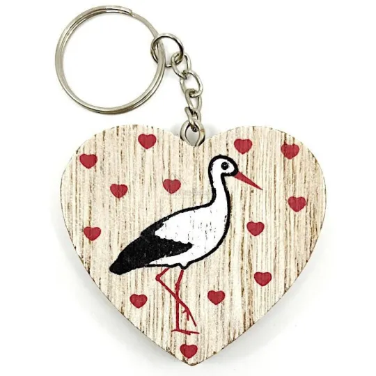 Porte Clefs Coeur en Bois décor Cigogne d'Alsace