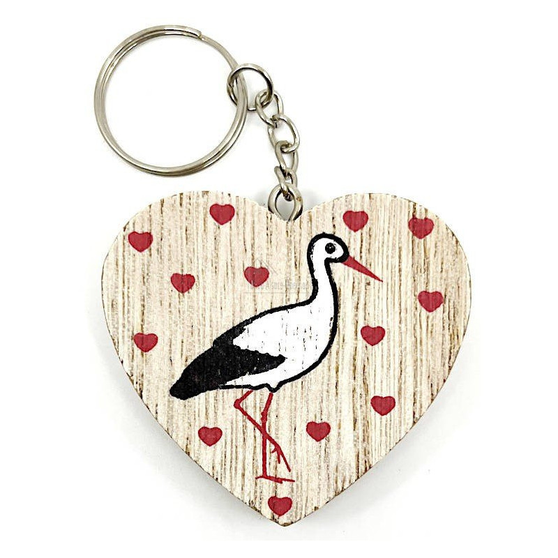 Wooden Heart Keyring decorated with a Stork from Alsace