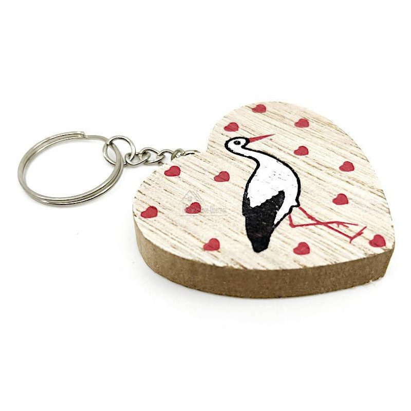 Wooden Heart Keyring decorated with a Stork from Alsace