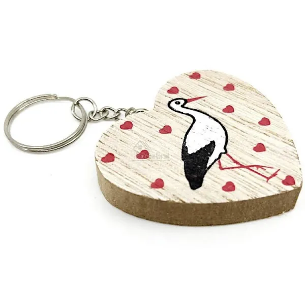 Wooden Heart Keyring decorated with a Stork from Alsace