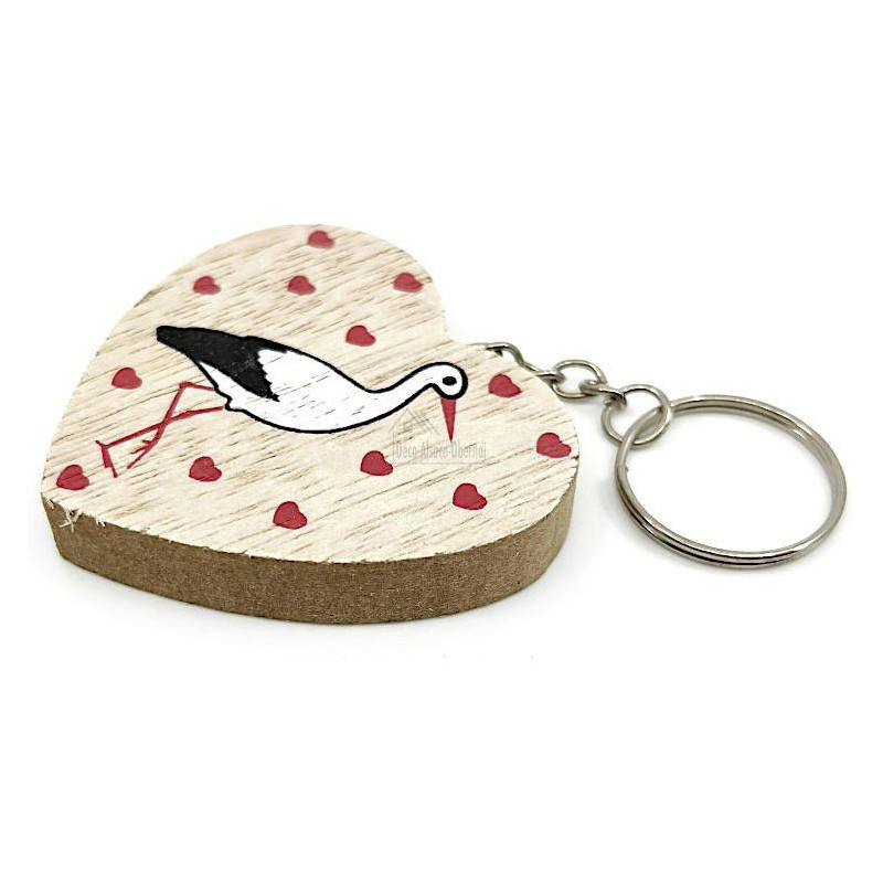 Wooden Heart Keyring decorated with a Stork from Alsace