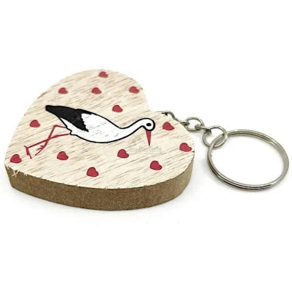 Porte Clefs Coeur en Bois décor Cigogne d'Alsace