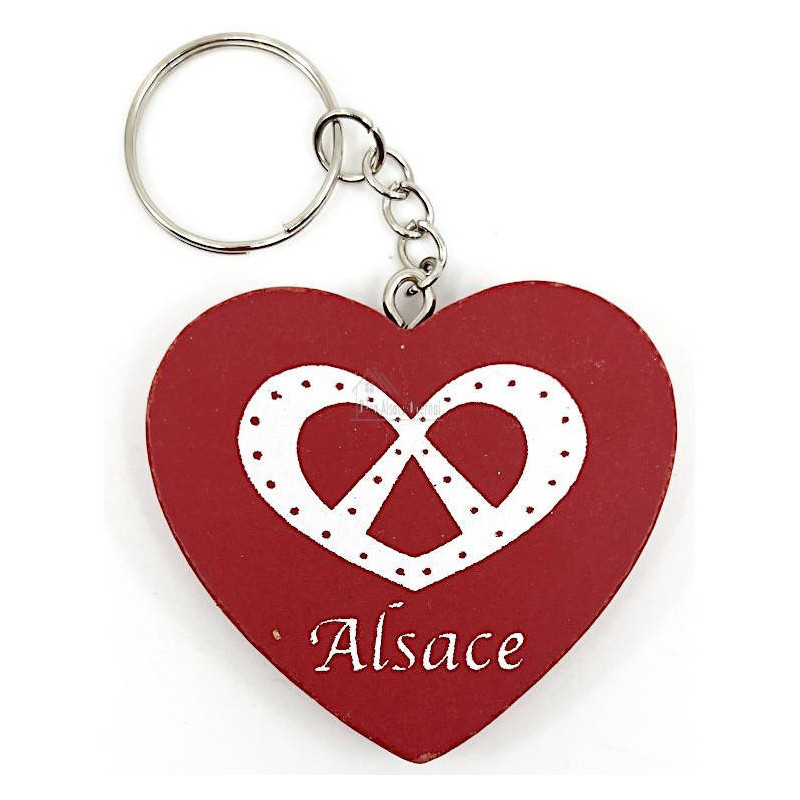 Wooden Heart Keyring decorated with a Pretzel and Alsace marking