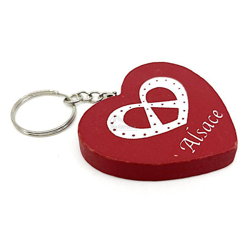 Porte Clefs Coeur en Bois décor Bretzel marquage Alsace