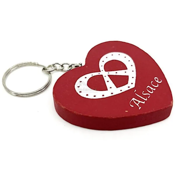 Porte Clefs Coeur en Bois décor Bretzel marquage Alsace