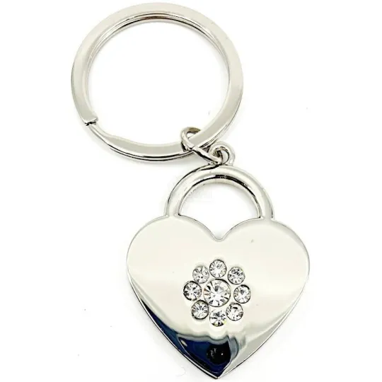Porte Clé Coeur argenté avec Fleurs de Strass