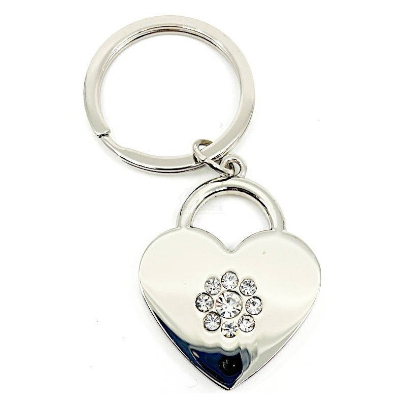 Silver Heart Keyring with Strass Flowers