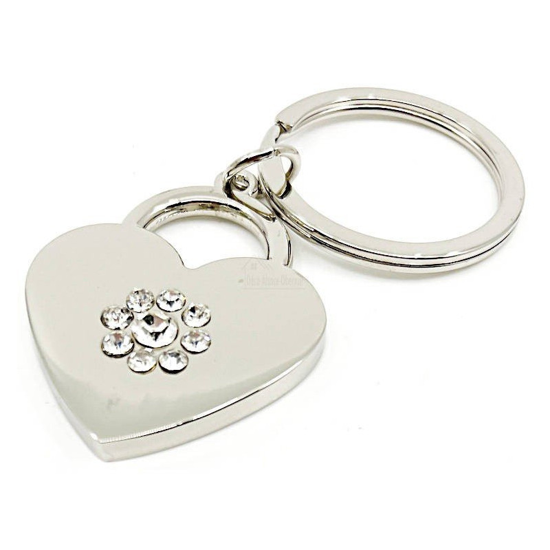 Silver Heart Keyring with Strass Flowers
