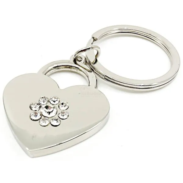 Porte Clé Coeur argenté avec Fleurs de Strass
