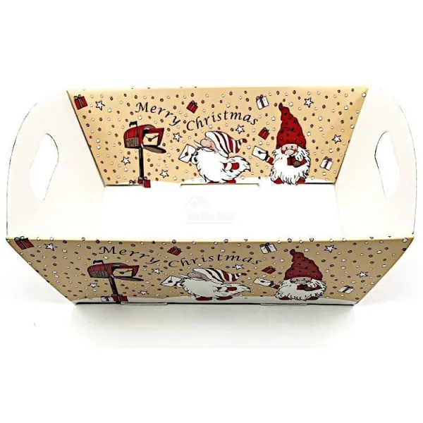 Leerer Korb aus Kraftpapier mit Henkel in beige-rot mit Weihnachtsmann-Dekor