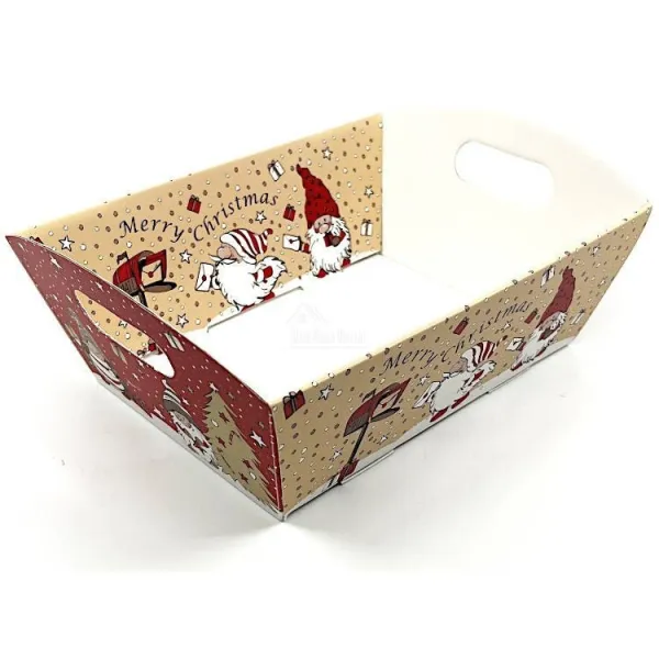 Leerer Korb aus Kraftpapier mit Henkel in beige-rot mit Weihnachtsmann-Dekor