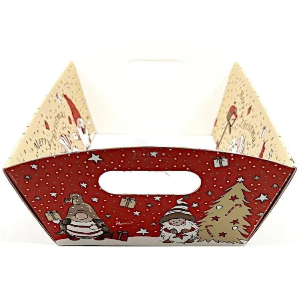 Leerer Korb aus Kraftpapier mit Henkel in beige-rot mit Weihnachtsmann-Dekor