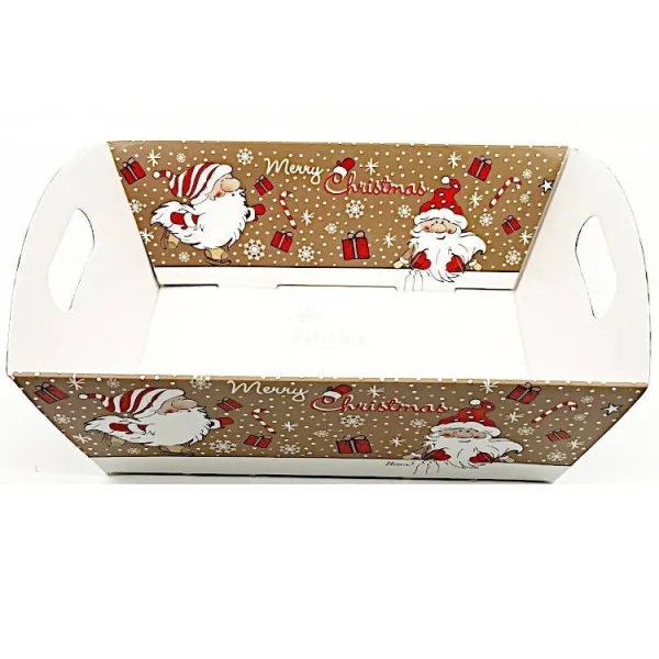 Brown and beige Kraft basket with handle decorated with Father Christmas
