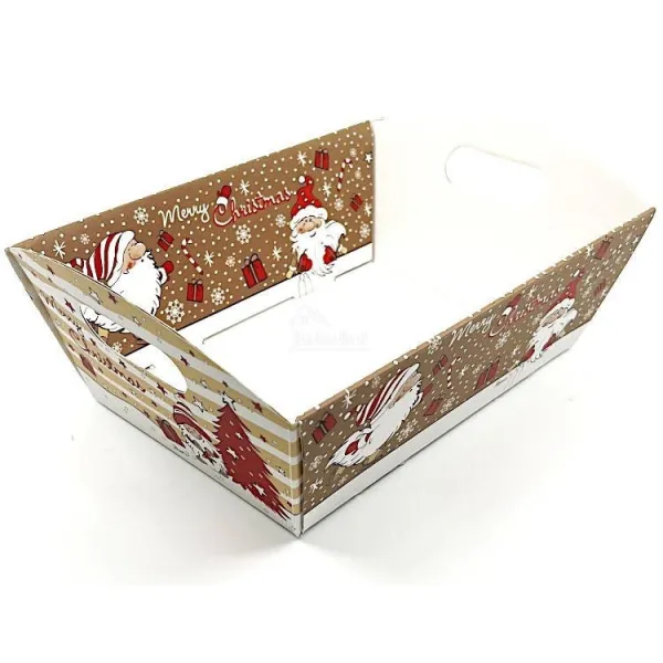 Brown and beige Kraft basket with handle decorated with Father Christmas