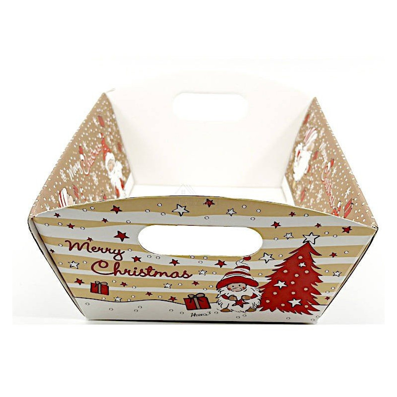 Panier vide Kraft à poignée brun beige décor Père Noël