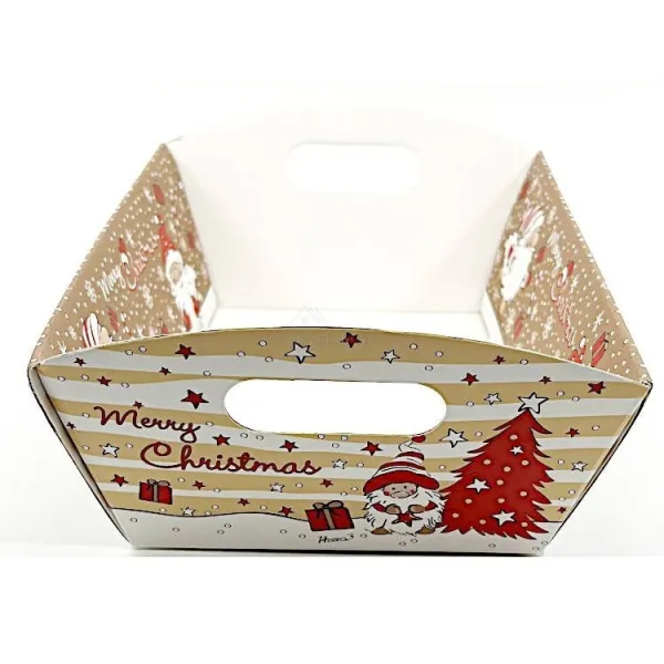 Leerer Korb aus Kraftpapier mit Griffen in braun-beige mit Weihnachtsmann-Dekor