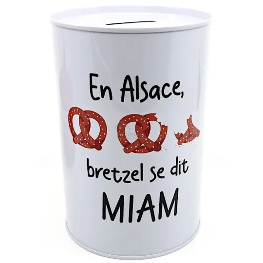 Tirelire en métal En Alsace, Bretzel se dit Miam