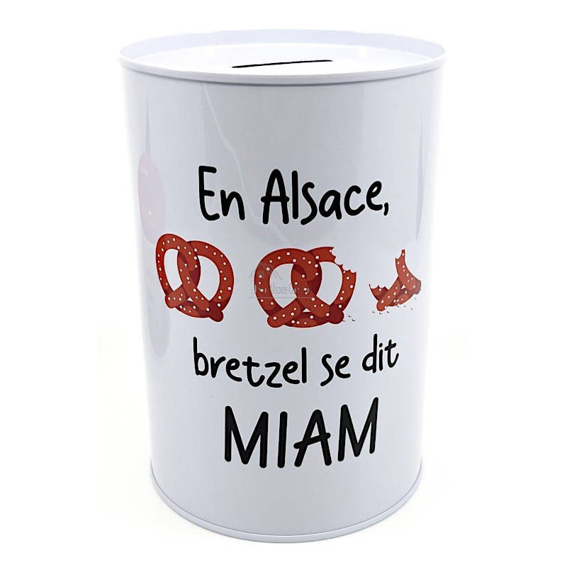 Spardose aus Metall Im Elsass heißt die Brezel Miam