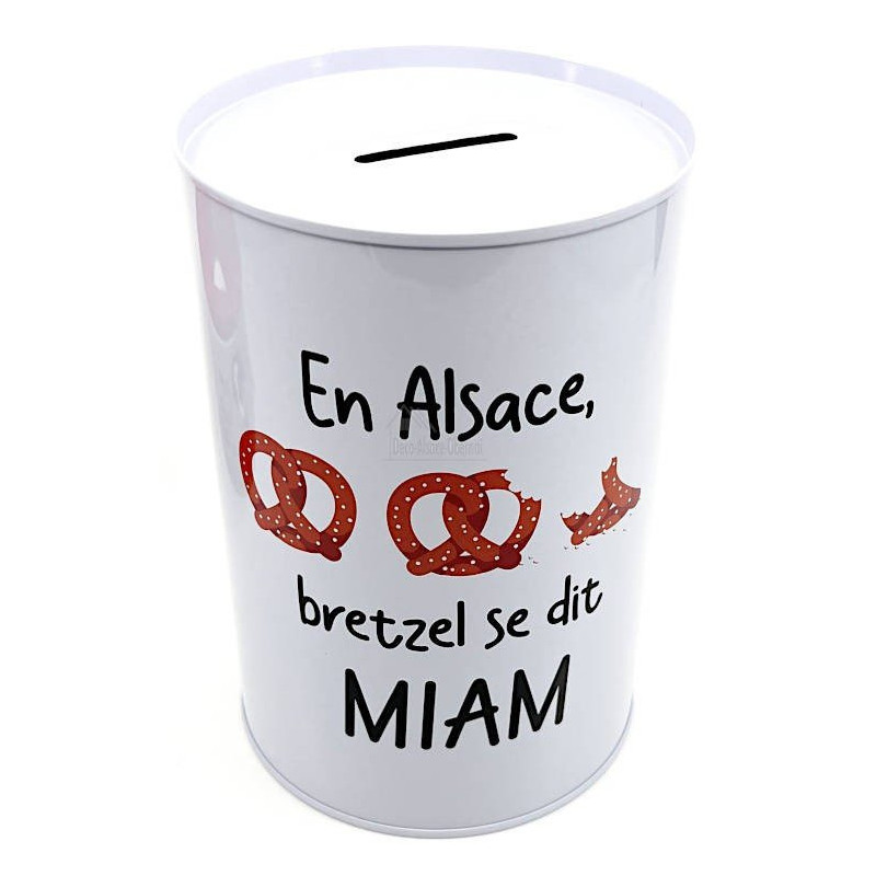 Tirelire en métal En Alsace, Bretzel se dit Miam