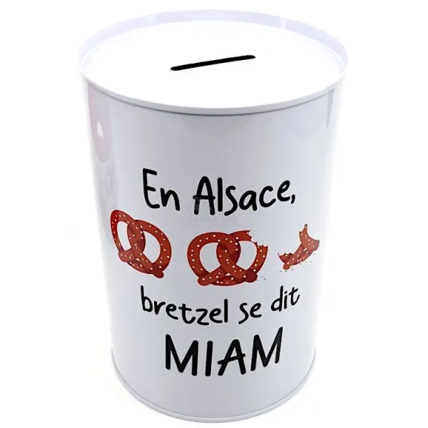 Metal money box In Alsace, pretzel says yum