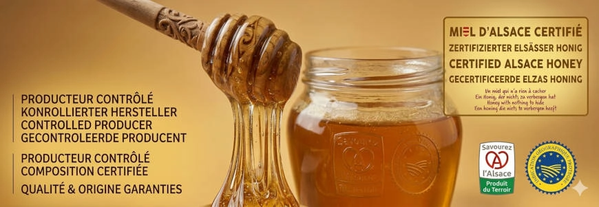 Nos miels sont labellisés I.G.P Alsace, indication géographique Protégée. C'est un signe européen d'origine et de qualité. Ainsi, nos produits bénéficient donc de l'appellation Miel d'Alsace.