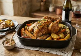 Rezept von Perlhuhn mit zwei Kartoffeln und Dreipoivre-Senf